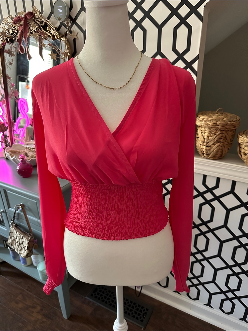 Women's Pink Long-Sleeve Smocked Waist Blouse
